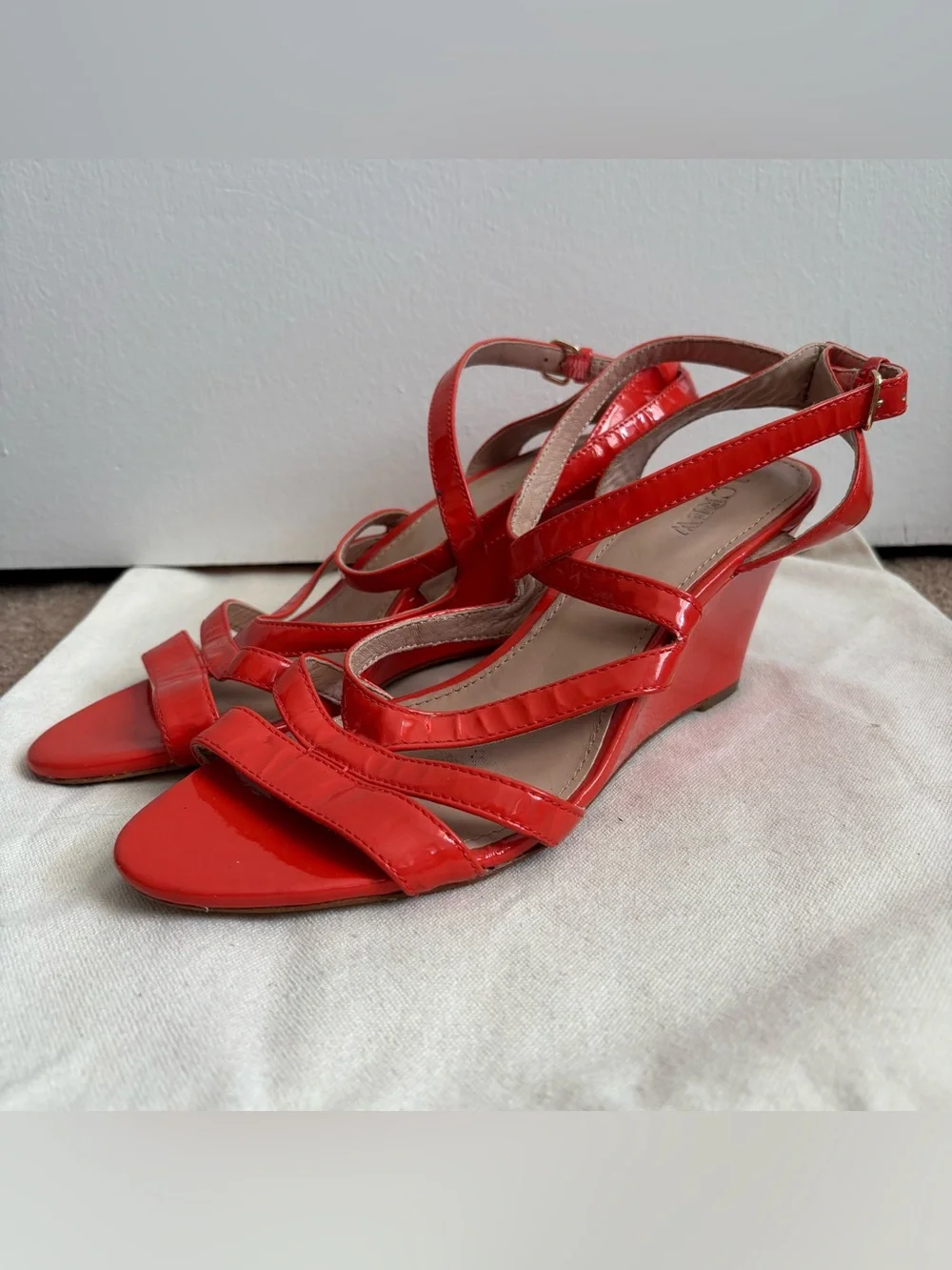 J.CREW Women’s Coral Patent Leather Strappy Wedge Sandals Ankle Strap US 8
